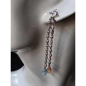 Gorgeous Blue Pink & Clear CZ Dangle 2 Strand Earrings 925 Sterling Silver 2.75"